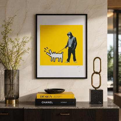 Banksy Barking Dog (Giallo) Litografia Arches 300gsm 42x59 cm