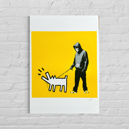 Banksy Barking Dog (Giallo) Litografia Arches 300gsm 42x59 cm